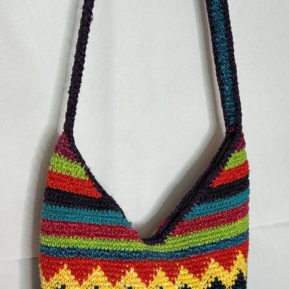 Crochet Shoulder Bag Zigzag Fish Patterned Colorful Long Strap Boho Hippie - Picture 7 of 16
